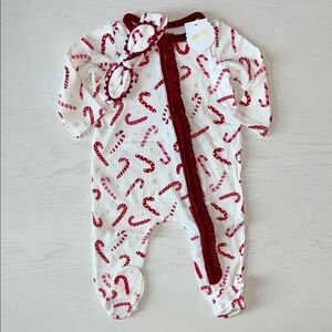 🎄 Mudpie Candy Cane Footie Romper Headband 0-3 3-6 6-9 months